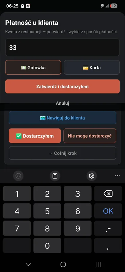 Ekran płatności w aplikacji kuriera